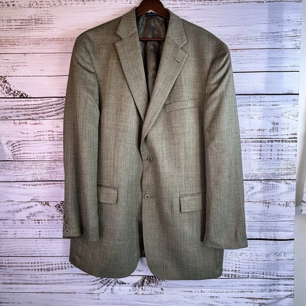 Tommy Hilfiger Blazer 42L Silk/Wool Herringbone Glen Plaid Greenish Beige Jacket